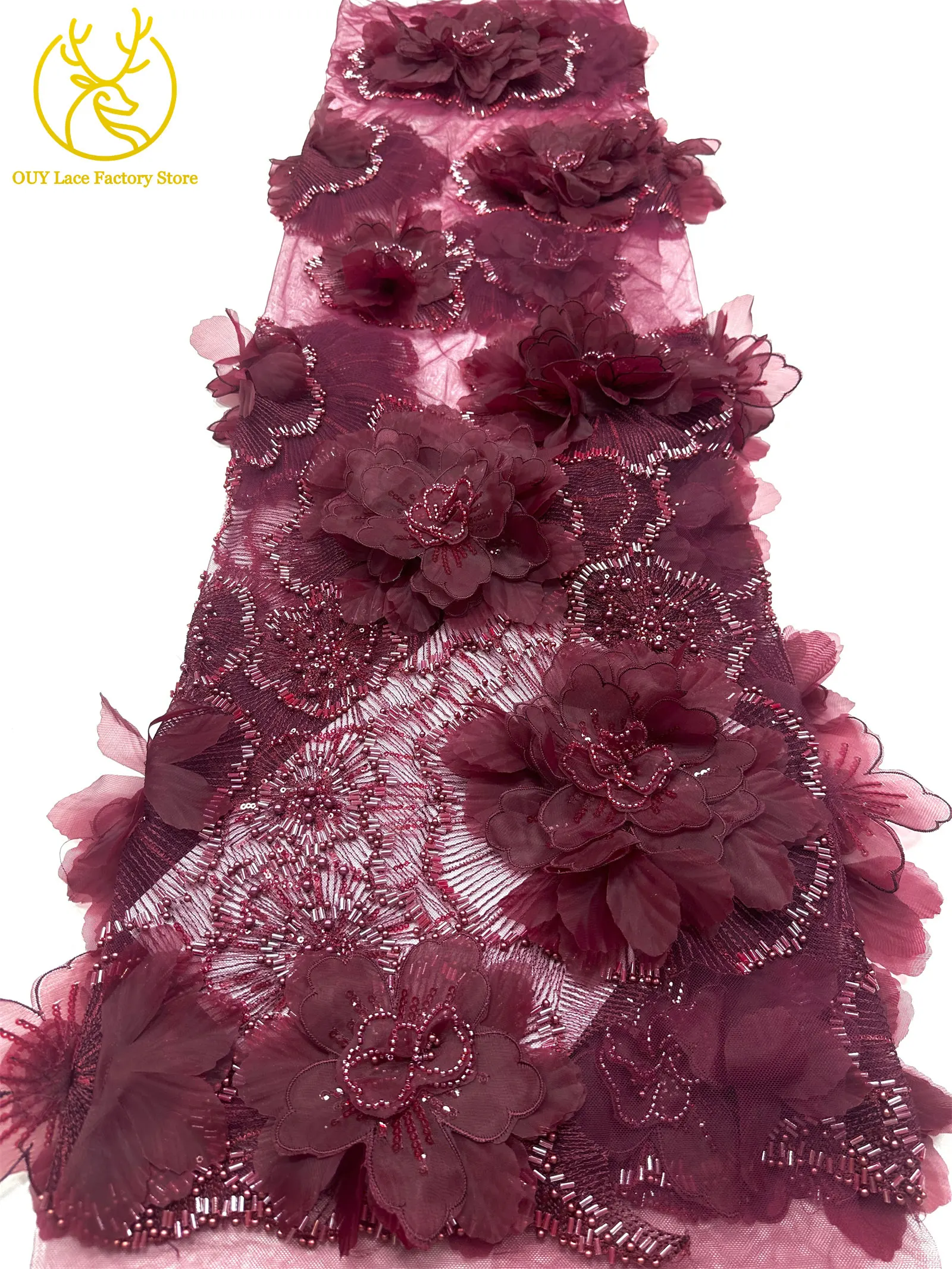 Hochwertige Exquisite 3D-Stickerei Blumen-Tüllspitze Hochwertige Afrikanische Perlen-Pailletten-Spitze Französischer Tüll Hochzeitskleid-Stoff – Detail 21