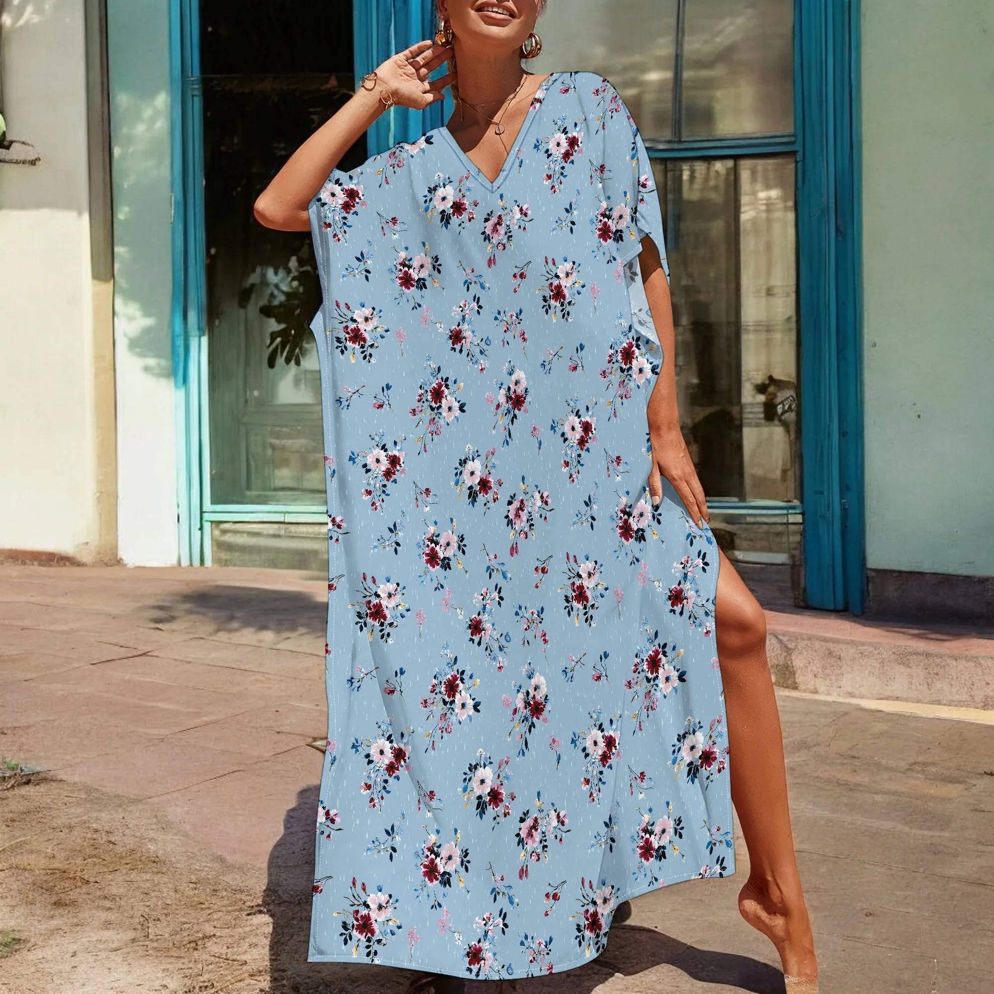 

Floral Print Kaftan Dress S-3XL Women’s Loose Fit V-Neck Gown for Summer Casual or Vacation Wear