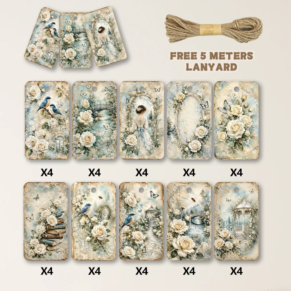 40pcs, Gift Tags, Vintage French Girl Portrait, Hanging Paper Labels for Gift Wrapping, Holiday Party Decor with String