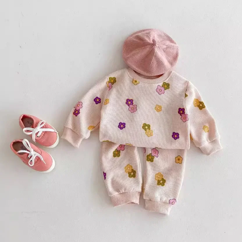 

2024 Autumn Winter New in Kids Baby Girls Cute Clothing , Toddler Infant Waffle Flower Sweatershirts + Harem Pants 3M-4Y