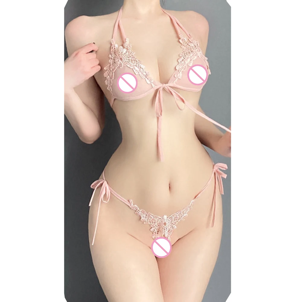 

2pcs Womens Sheer Sexy Lingerie Underwear Bra Exotic Sets Lacing Up Bras Open Crotch G-strings Female Sleepwear