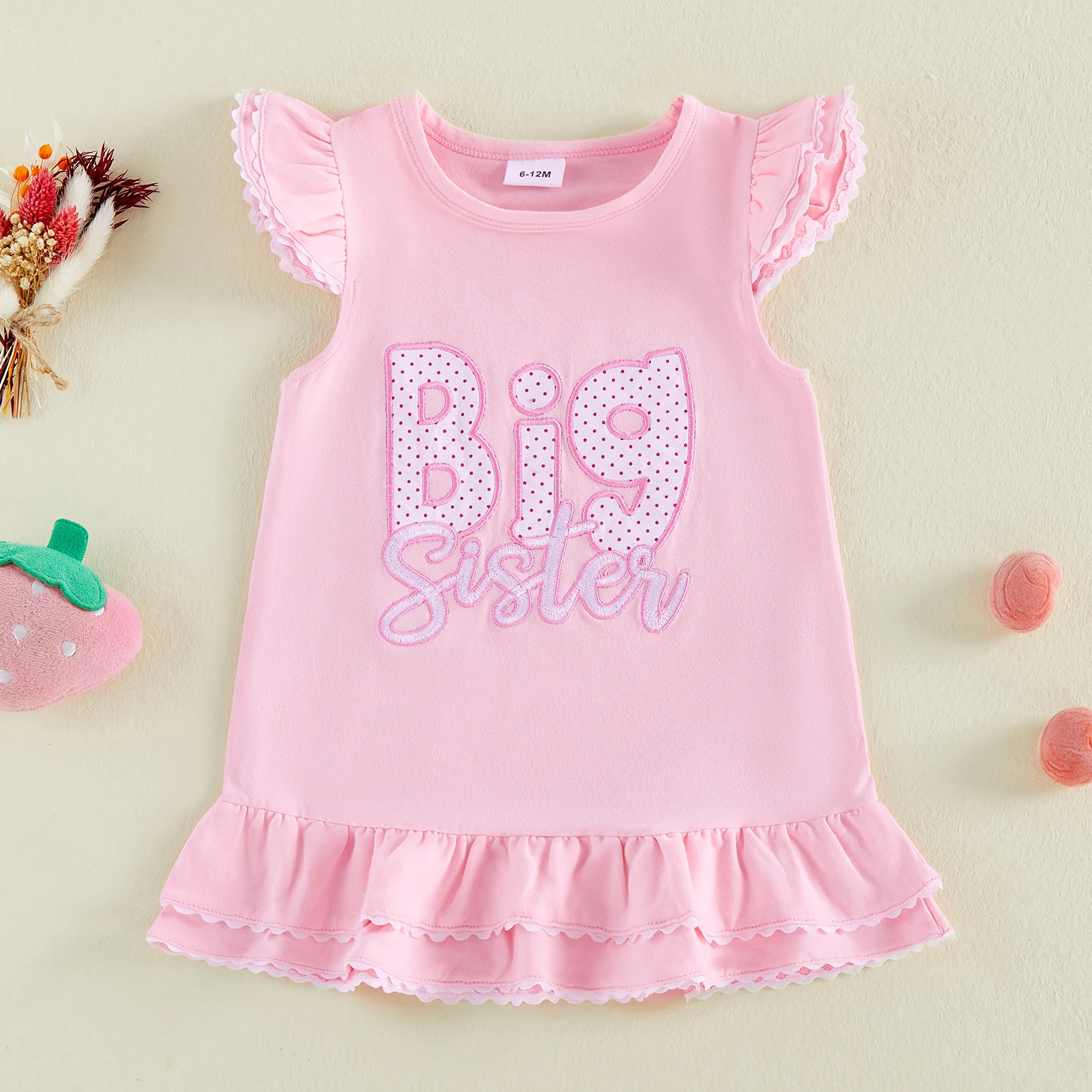 1-5Y Girls Casual A-line Dress Sweet Fly Sleeve Crew Neck Embroidery Letters Summer Girls Dress for Casual Daily