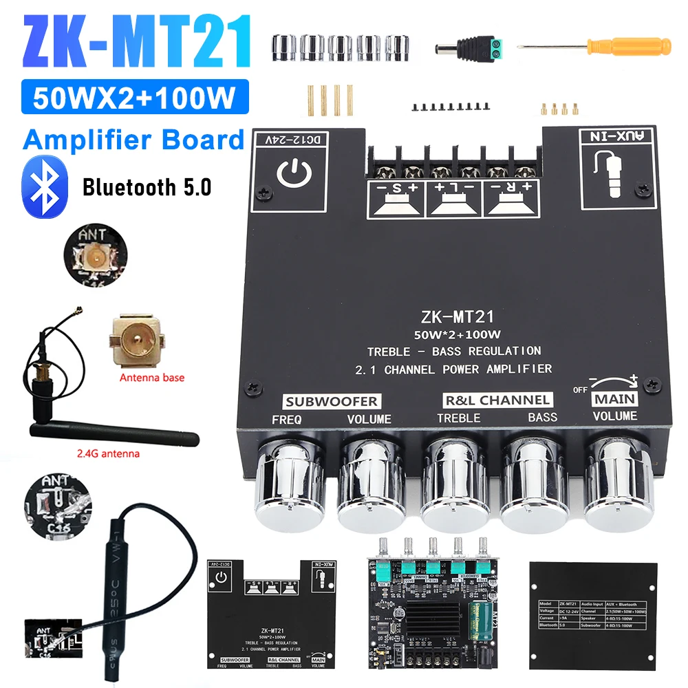 AMPLIFICADOR DE subwoofer ZK-MT21, 2x50W + 100W, placa amplificadora de potencia Digital, Audio auxiliar de 2,1 canales, estéreo, Bluetooth 5,0, amplificador de graves