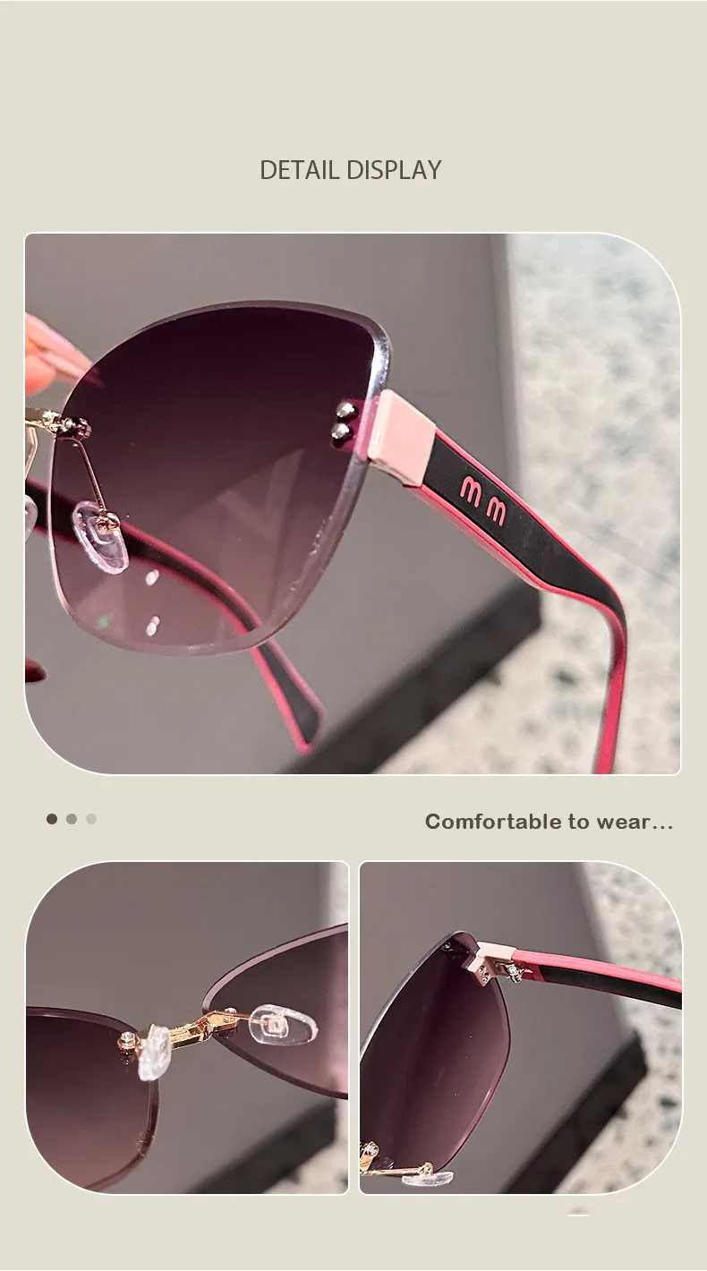 Cat-Eye-Mode-Sonnenbrille mit großem Rahmen, 2025, neuer UV-Schutz, rahmenlos, für Damen, Kantenschneiden, DS-8208 – Detail 3