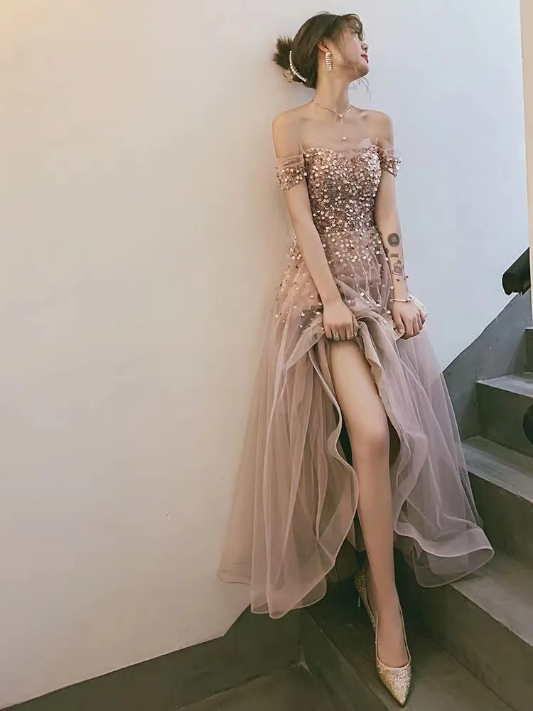 

Pink Romantic Glitter Luxury Sequined Beading Prom Dress A-Line Off The Shoulder Long Wedding Formal Guests Party Evening Gowns