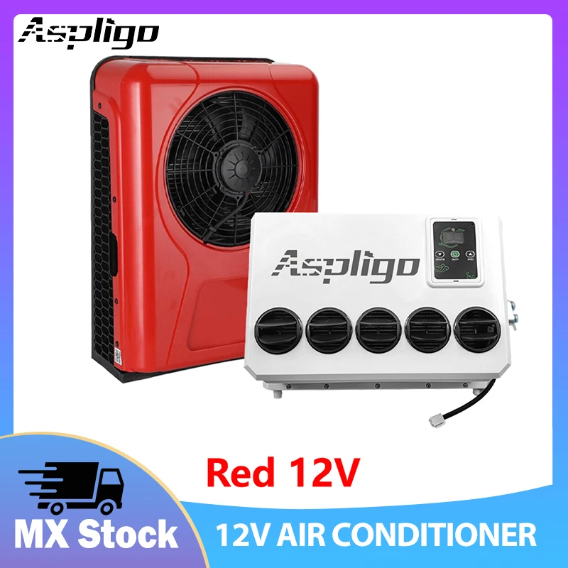 Aspligo 24V Red Split Parking Air Conditioner Automotive Electric Air Conditioning Cool System for Van Tractor Truck Camp Van