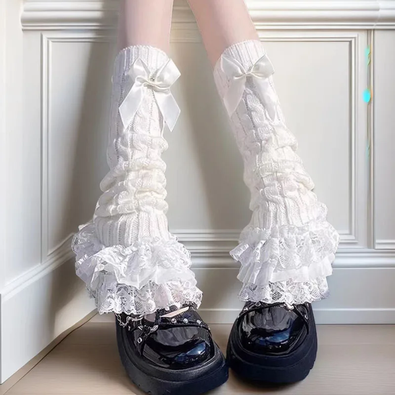 

2025 Japanese Lolita Knitted Leg Warmer Bow Tiered Ruffled Socks for Girl Women Calf T-shaped Lace Leg Horn Warmers JK Stocking