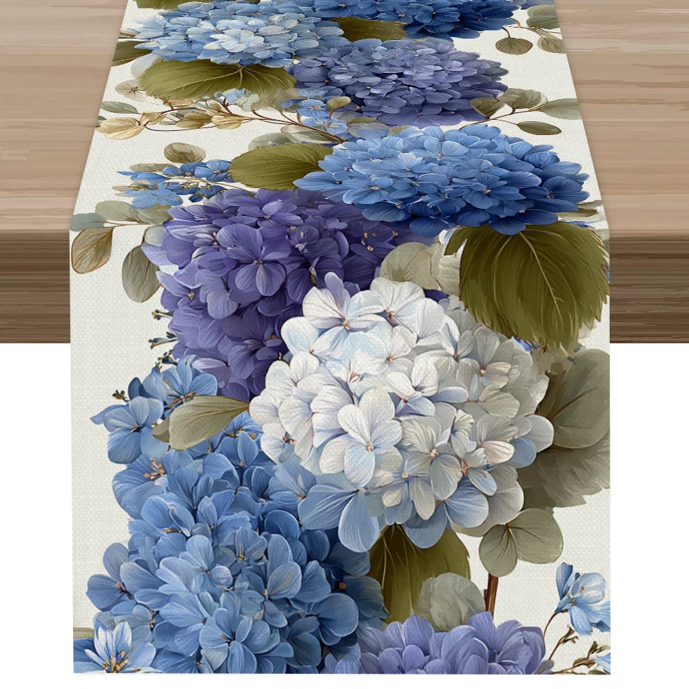 Blue Purple Hydrangea Floral Table Runner - Romantic Watercolor Botanical Cover for Wedding Engagement & Party Decor