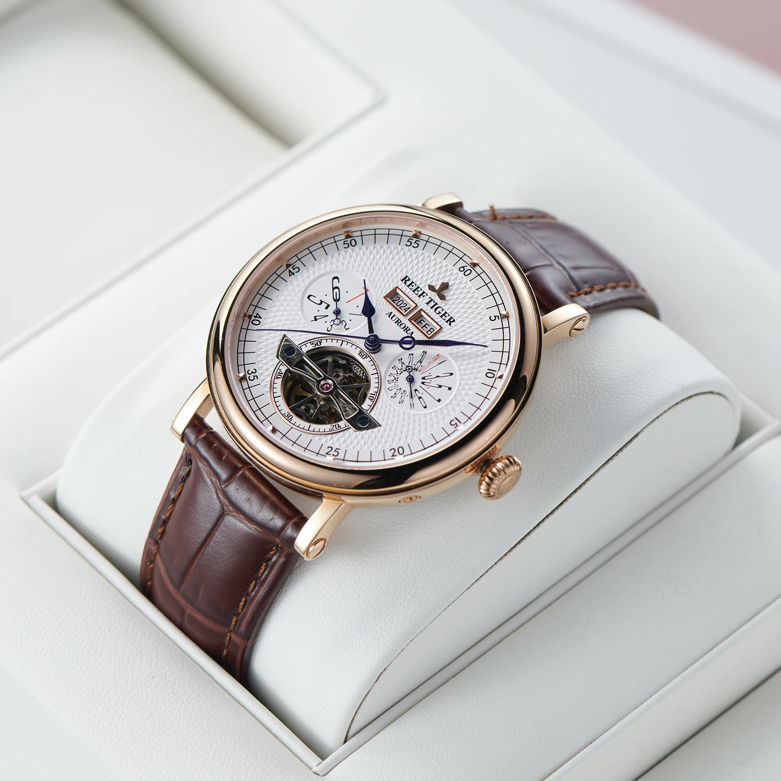 Riff Tiger RT Top Marke Herren Mechanische Uhr Luxus Tourbillon Echtes Lederarmband Ewiger Kalender RGA1903