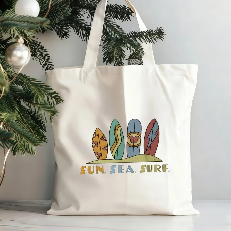 Sun Sea Surf Colorful Retro Surfboard Graphic Print Canvas Tote Bag Summer Beach Vacation Casual Carry Handbag
