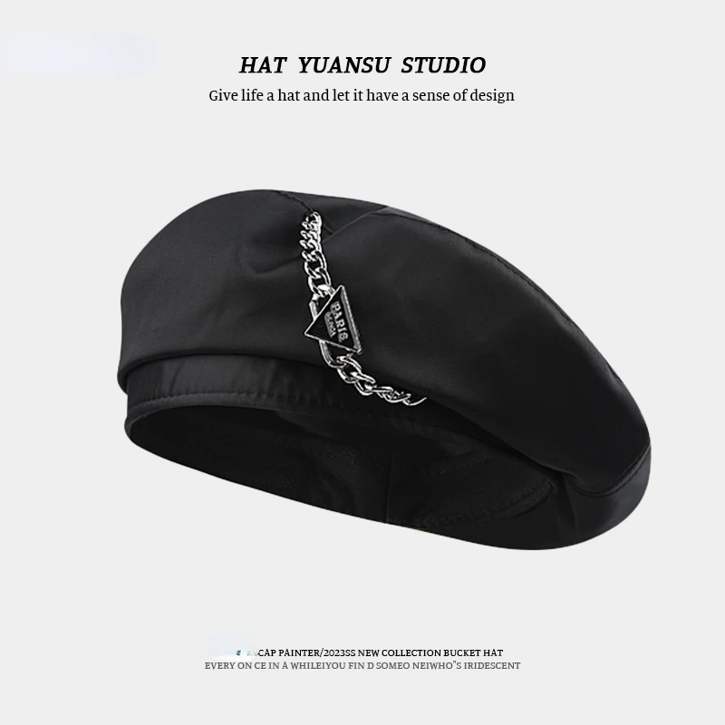 2023  Cool Chain Metal Beret for Women Girls Autumn Hat Female Korean Sweet  Artist Berets Caps for Women