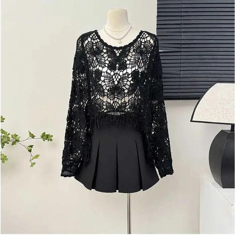 Butterfly Crochet Top Women Beach Cover Up Fringed Batwing Sleeve Open Knit Crop Poncho Pullover Sweater Vacation Boho  Outfit