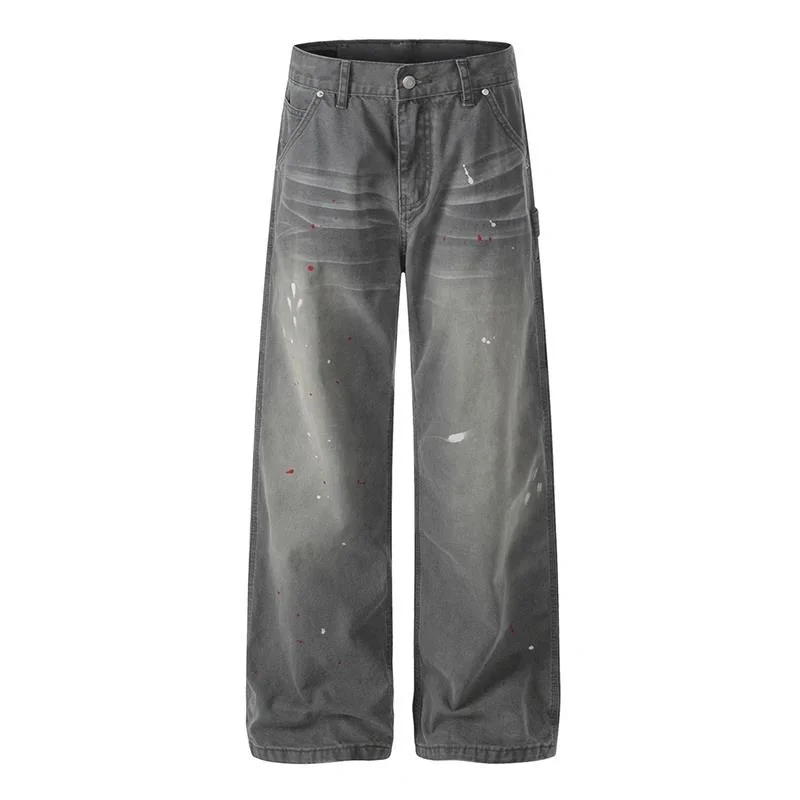 Baggy Refined Men's Denim Pants Casual Minimalist Paint Splatter Vintage Wash Gray Wide Leg High Street Jeans New 200D
