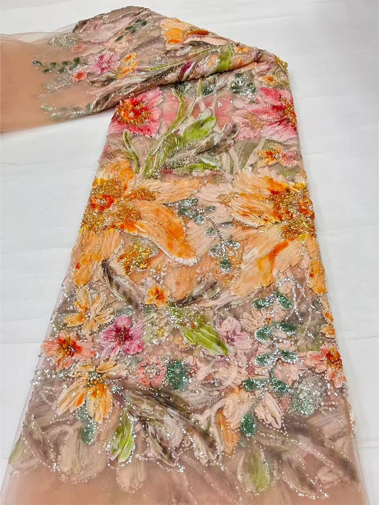 New Design African Embroidery Beaded Sequins Lace Fabric High Quality French Tulle Mesh Fabric For Women Dress Sewing F819
