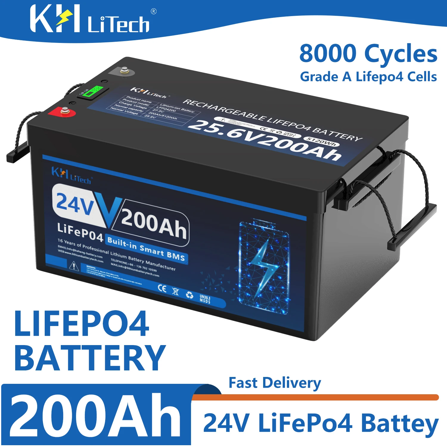 

LiFePO4 200Ah 24V Lithium Battery 100Ah with Over 10 Years Life and Max. 15000 Cycles, 2560Wh Load Performance, 100A BMS