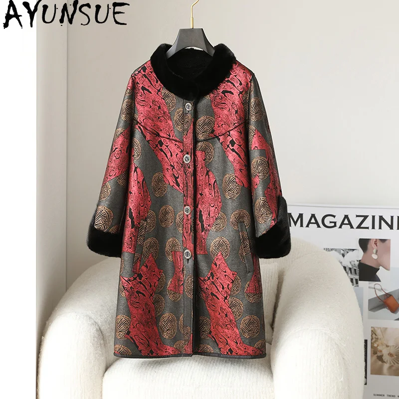 AYUNSUE 100% Wool Fur Coat Women Clothes 2025 Winter Jacket Warm Mink Fur Collar Mid-length Sheep Shearling Coats Woman Printed