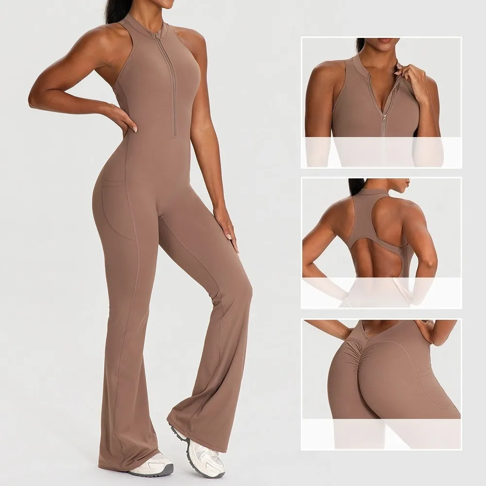 Women Sleeveless Flared Yoga Jumpsuit Backless Cutout Butt Lift Slim Fit Bodysuit With Pockets
