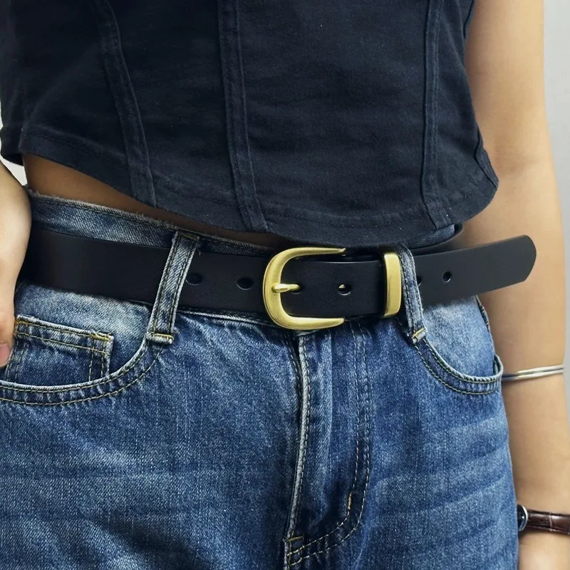 2.8 سنتيمتر حزام المرأة تنوعا الدنيم الطبقة الأولى جلد البقر النقي موضة ريترو الاتجاه النحاس مشبك حزام الإناث الجلد الحقيقي