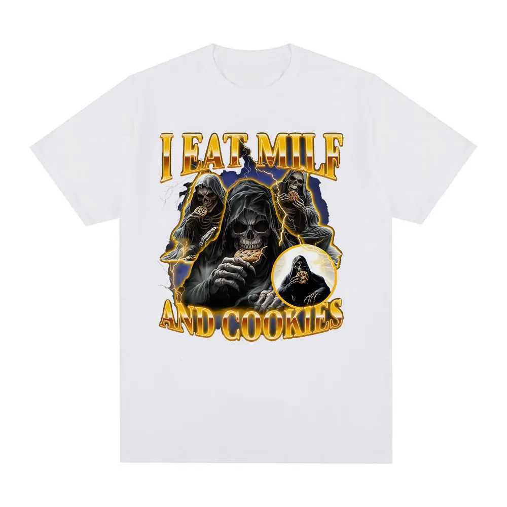 I Eat Milf and Cookies Skeleton Fun Meme Pattern T-shirt New Hot Selling Men's Women's Casual Fashion T-shirt Top