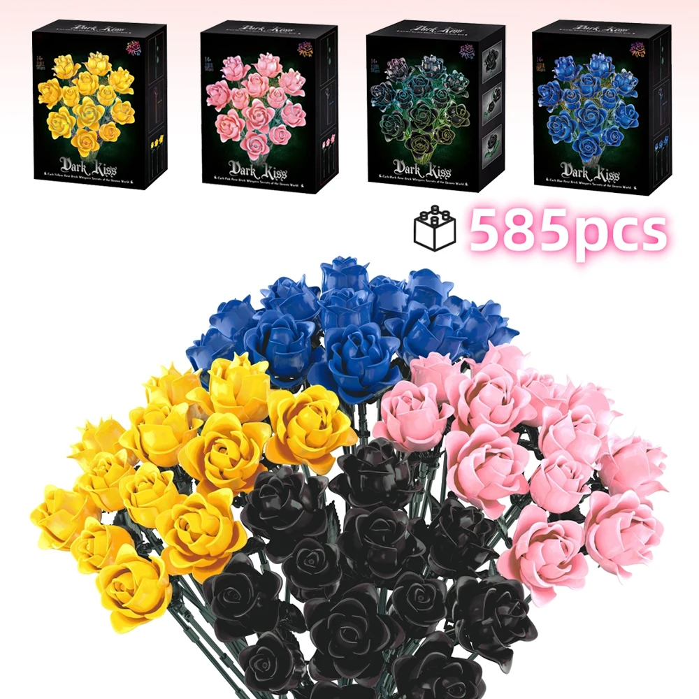 창의적인 장미 꽃다발 블록 585개 세트 고딕 로맨틱 핑크 차분한 블루 홈 데코 발렌타인 선물 아름다운 상자 포함