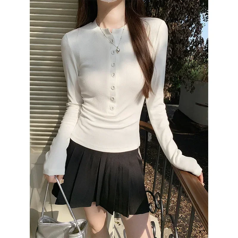 Long Sleeve T-shirt Women's Early Autumn Spicy Girl Half Open Collar Button Slimming and Slimming Bottom Shirt Top