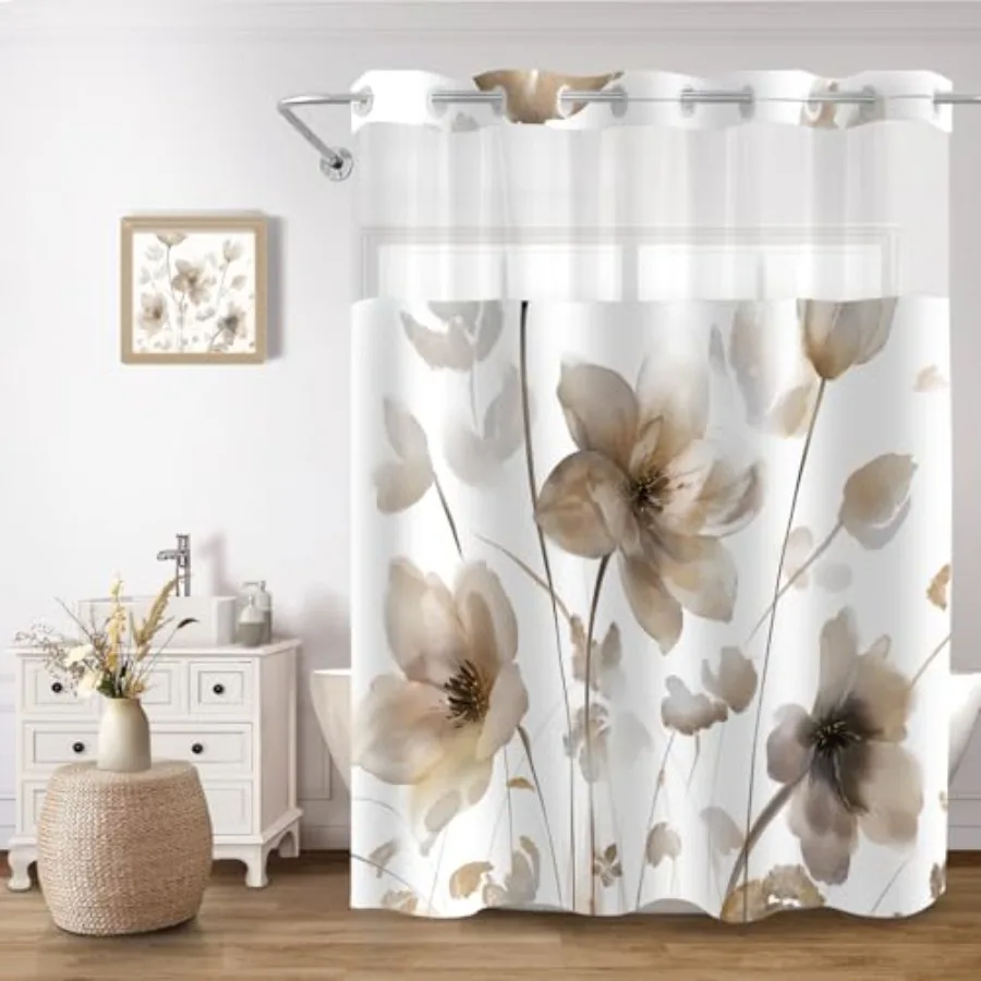 

No Hook Shower Curtain and Liner Set Brown Boho Floral Shower Curtains for Bathroom Watercolor Flower Waterproof Bathroom Curta