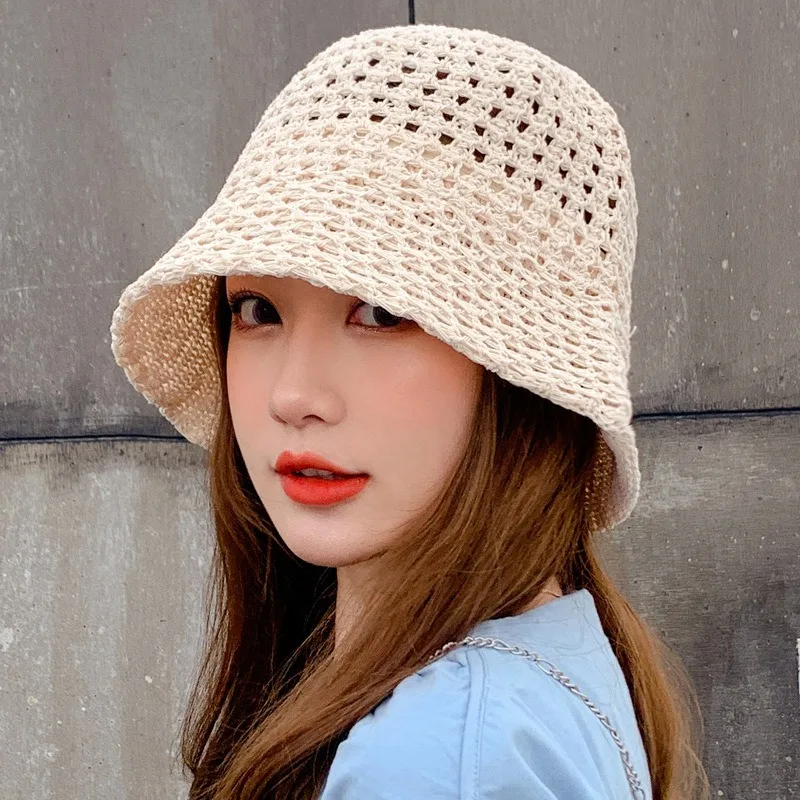 Sommer Atmungsaktive Hohl Gestrickte Mode Fischer Hut für Frauen Durchlässigkeit Häkeln Retro Panama Eimer Im Freien Sonnenschutz Hüte – Detail 10