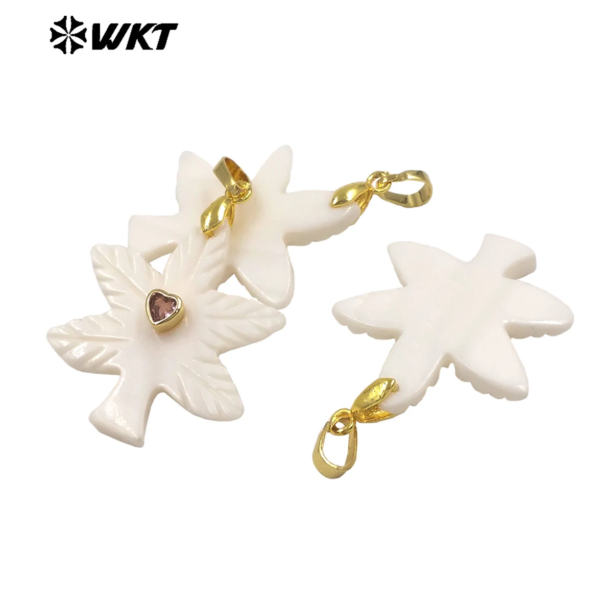 WT-JP523 Hotsale Accessories Charms Maple Leaves Autumn Vibe White Shell With Colored Tiny Zircon Paved Pendants