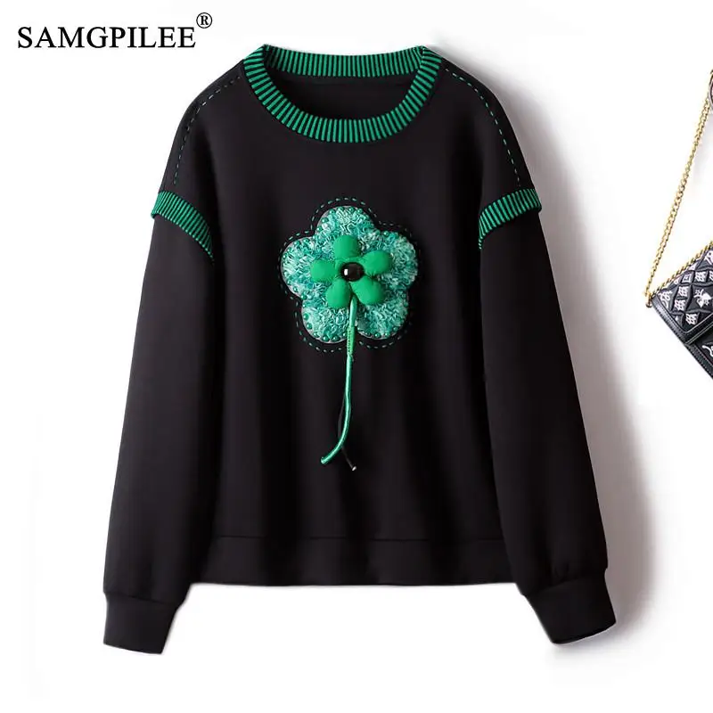 

Sweatshirt Woman 2022 Autumn Winter Contrasting Color Raglan Sleeves Beaded Flowers Korean Fashion High End Women's Sweater 4XL