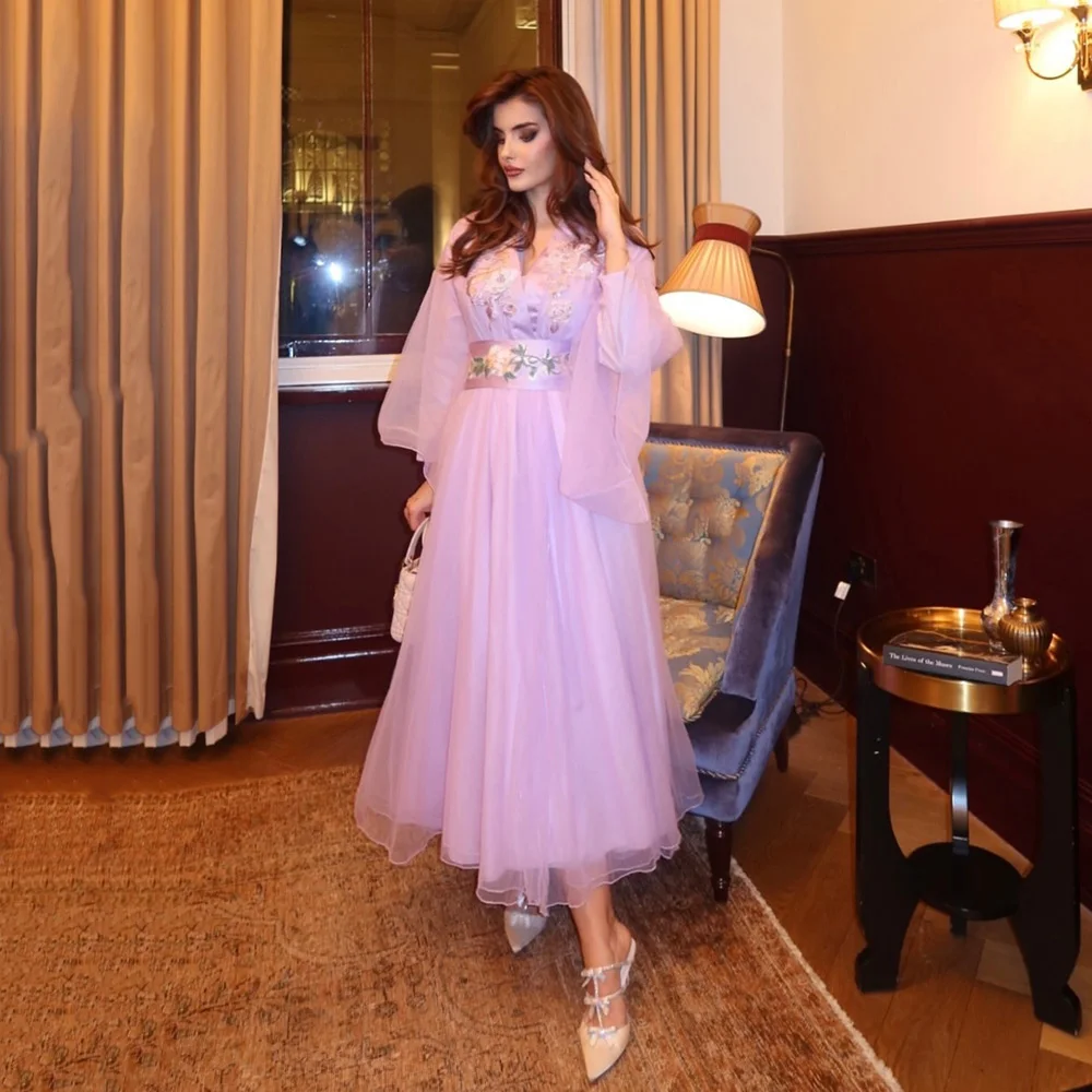

Msikoods Lavender Midi Evening Dresses 2026 Long Sleeve Embroidery A Line Birthday Dress Women's Wedding Party Gown Customized