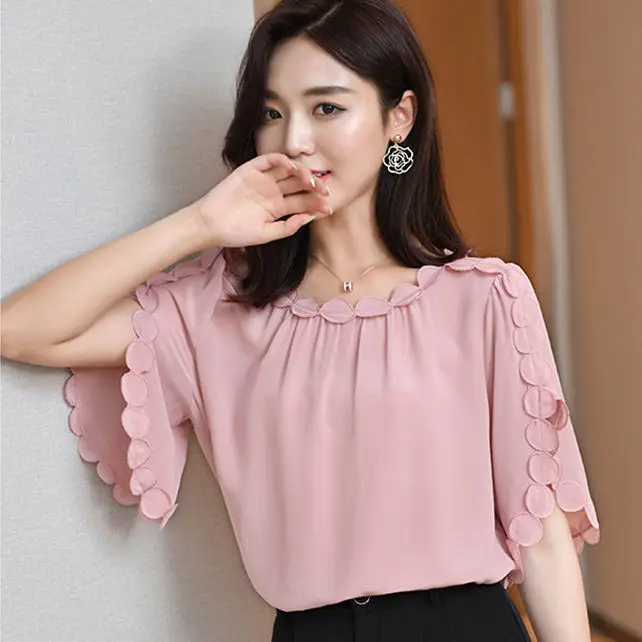 Summer Women Clothes Casual Fashion Elegant Temperament O-neck Loose Chiffon Women's Shirt Casual Solid Color All-match Tops