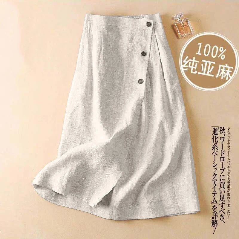 Falda Midi de lino a la moda para mujer, falda elegante de Color puro con botones de cintura alta, falda dividida de calle para verano, 2023