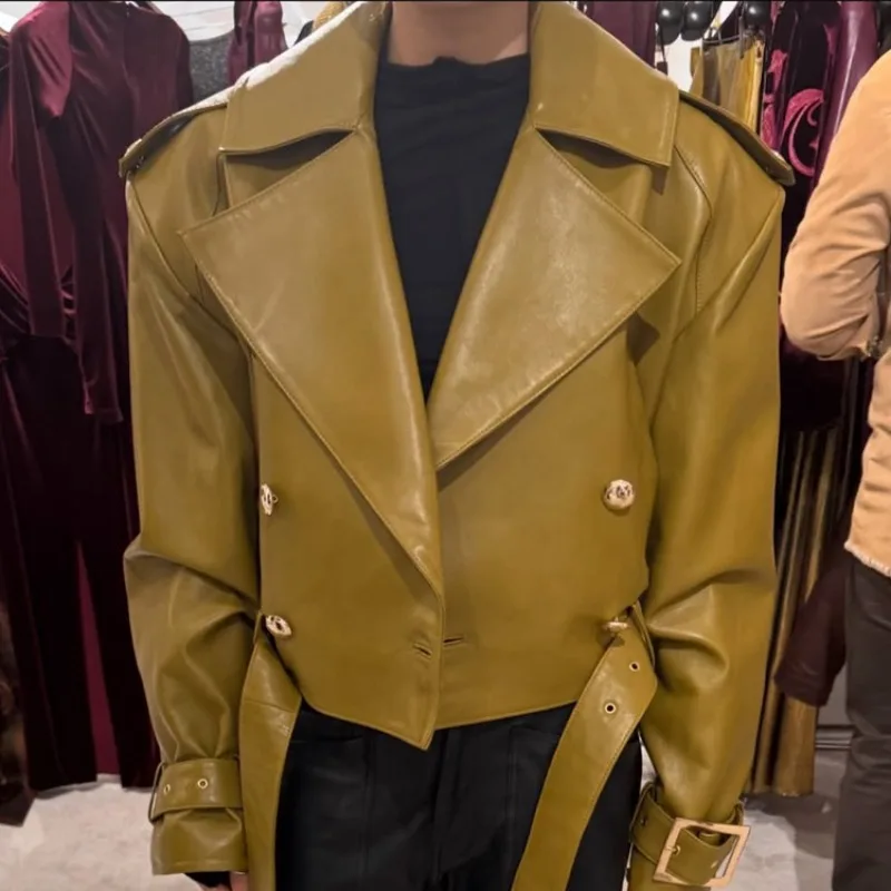 Women Vintage Cropped PU Leather Jacket, Double Breasted Lapel Short Coat with Belt, Autumn Oversized Outerwear Moto Jacket
