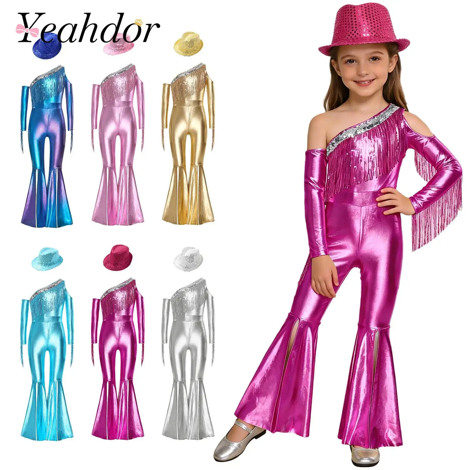 Children Sequin 70s Disco Outfits Girl's Metallic Hippie Costume Shiny Hip Hop Dance Party Rompers + Fedora Hat Tassel Jumpsuit