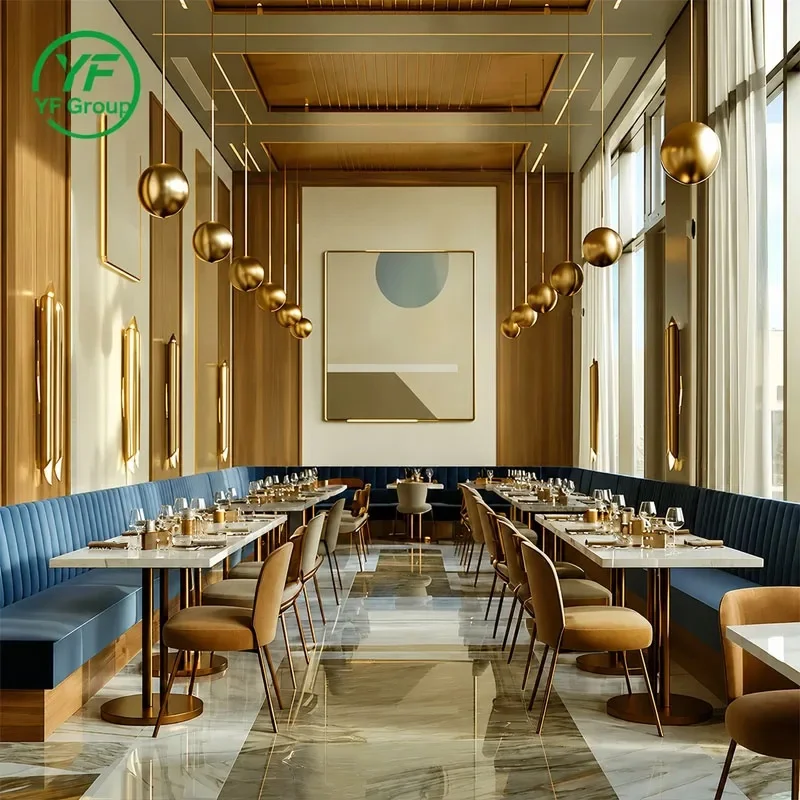 One-Stop Customization Restaurant Furniture Velvet Fabric Upholstered Booth Seating with Table Chair Set for Bistro Hotel