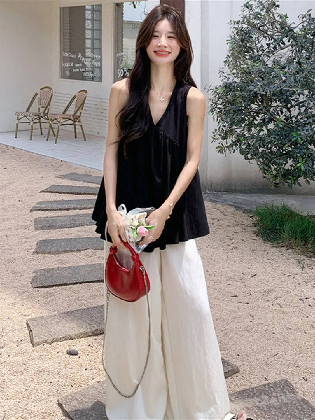 

Summer Casual Women's Vest Top And Wide Leg Pants Two-Piece Set V-Neck Sleeveless High Waist Black Color Block Loose Fit