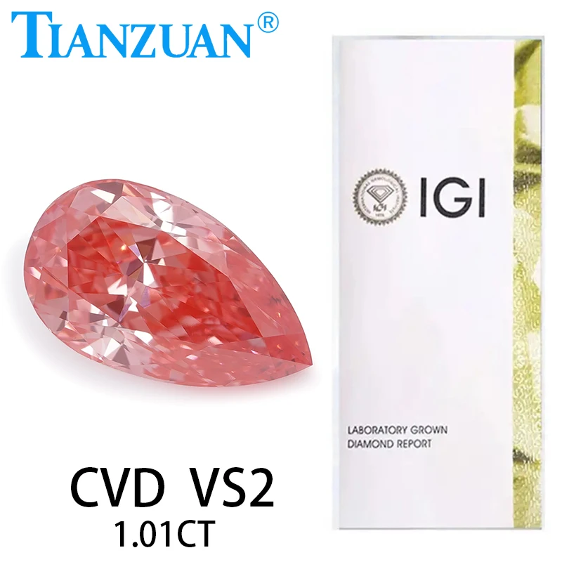 

1CT Pear Shape Lab Grown Diamond CVD Fancy Vivid Pink Color VS2 Loose Gemstone Bead with IGI Certified