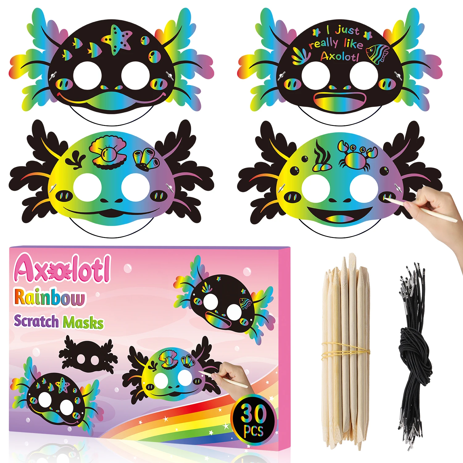 30 Pcs Axolotl Scratch Art Mask Craft Kit DIY Salamander Mask with Wooden Stylus Mask Strings Party Activity for Celebrations