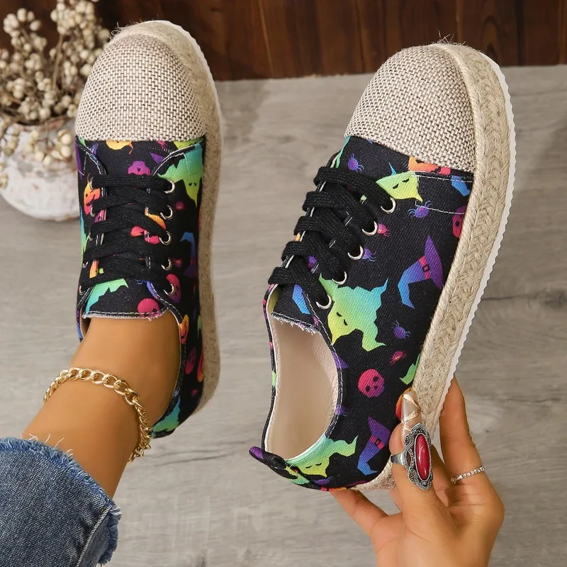 

2025 Women's Flats Canvas Casual Shoes Women Spring and Autumn New Round Toe Shoelace Shoes Breathable