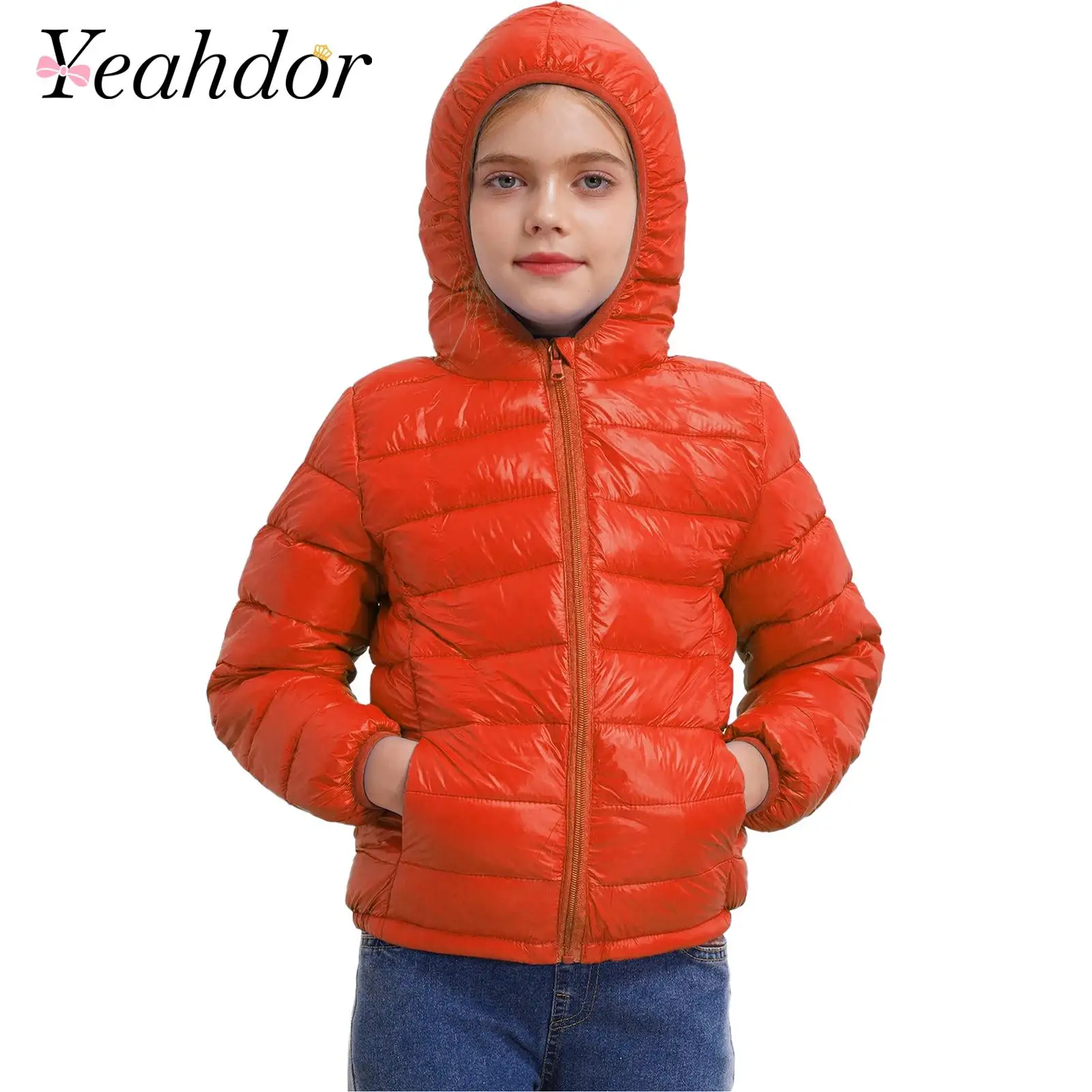 Kids Autumn Winter Hoodie Down Jacket Boys Girls Solid Color Zipper Closure Warm Coats Lightweight Outerwear Hodded Jacket