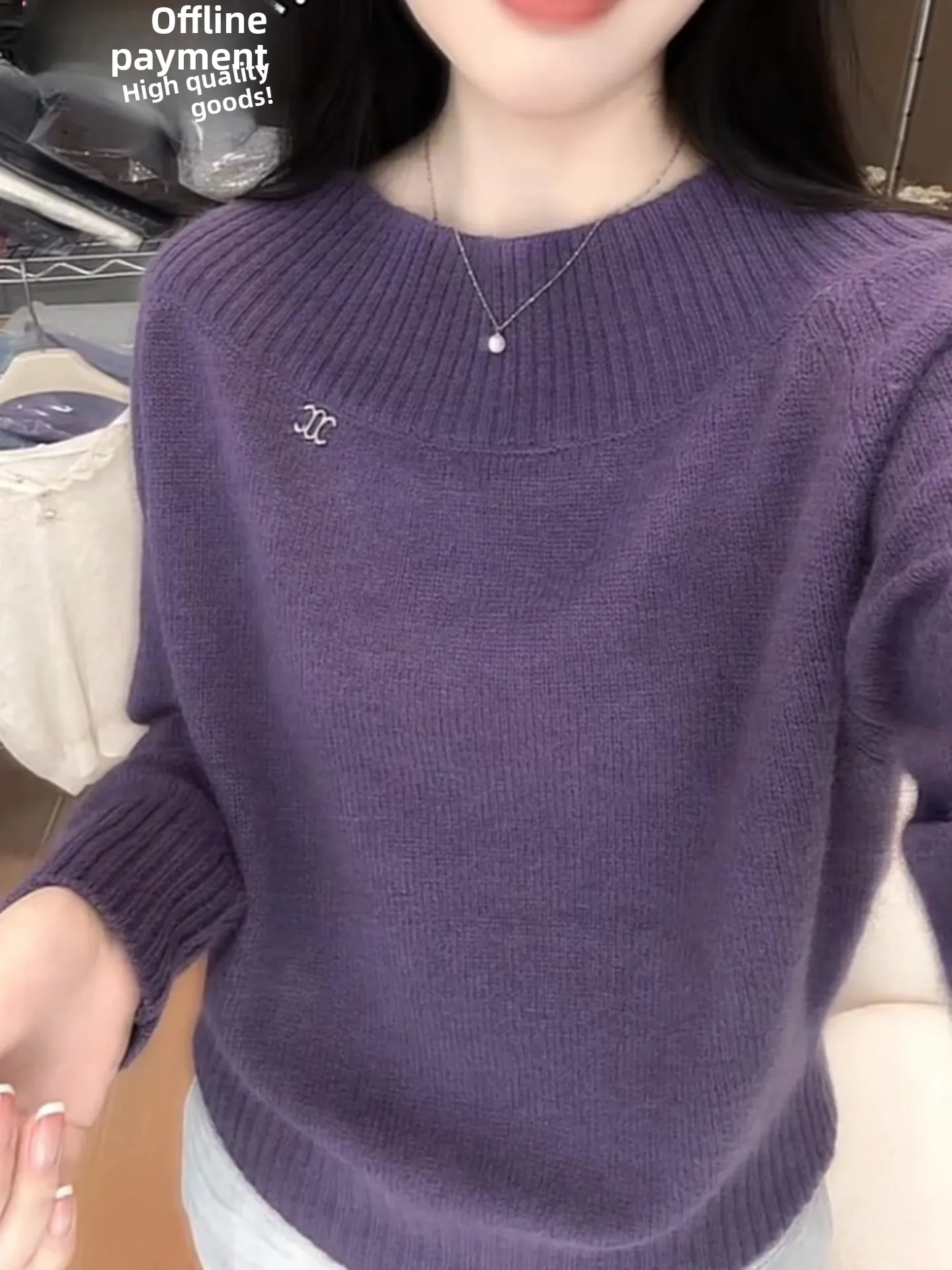 

Свободный женский вязаный свитер с длинными рукавами и круглым вырезом, мягкий, уютный, больших размеров, фиолетовый, повседневный, осенне-зимний модный топ