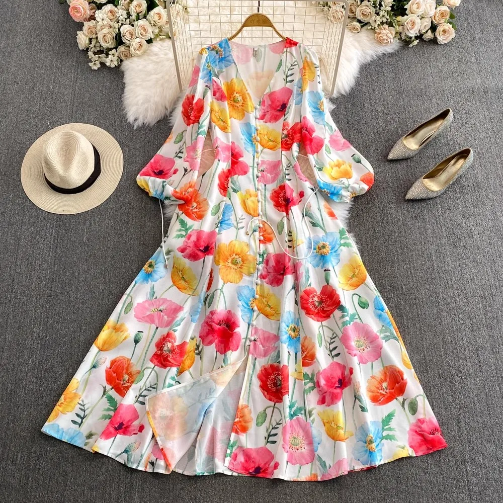 

New Spring Summer Holiday Flower Print Linen Women V Neck Lantern Sleeve Floral Print Single Breasted Sashes Long Beach Dresses