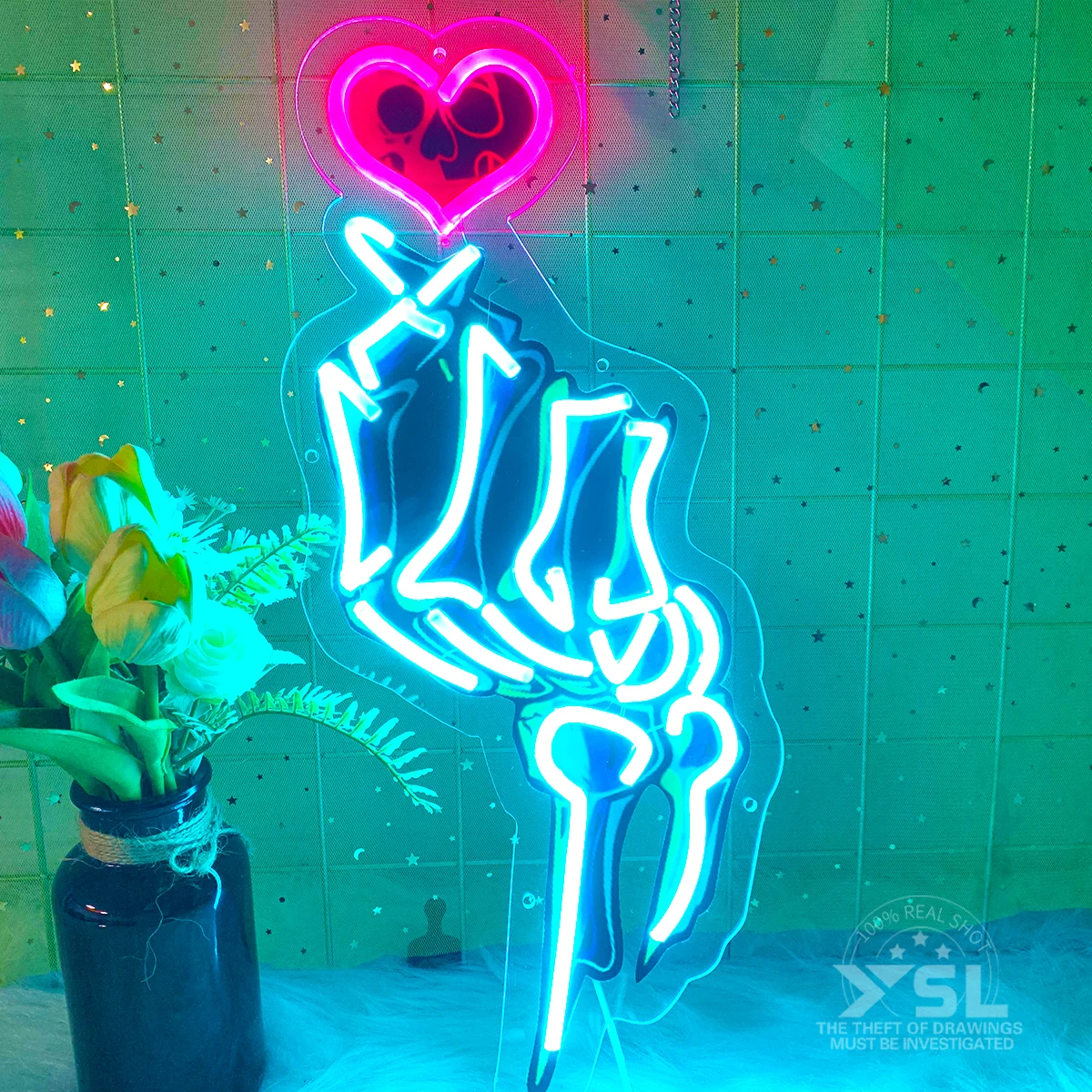 Hand of the heart, neon lights suitable for couples confessional party scene lighting to create a mysterious romantic atmosphere