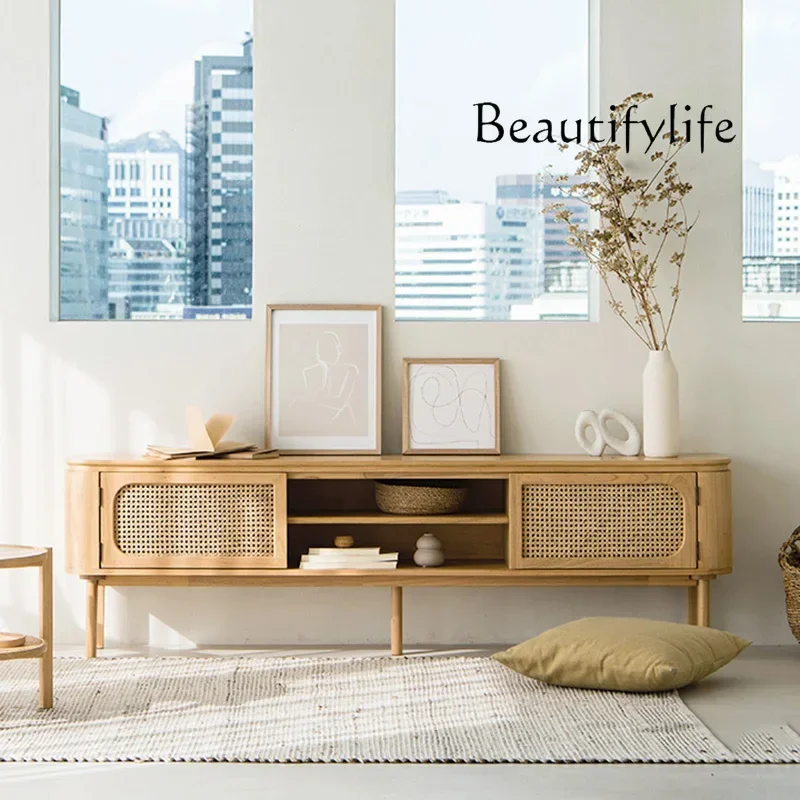 N40 Nordic medieval style solid wood rattan TV cabinet small apartment living room floor audio-visual cabinet