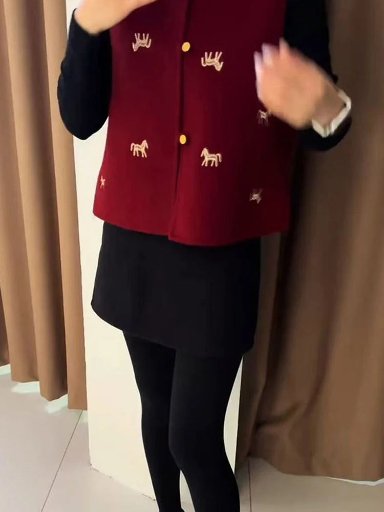 

New Chinese Sle Red Embroidered Women's Faion Set Spring Year-End Celebration Versatile Long Sve Jaet Vest