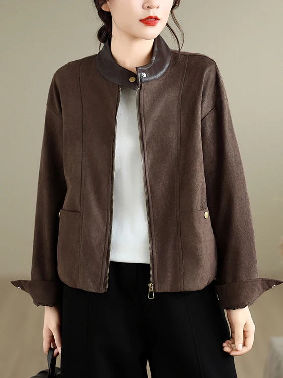 Chic Korean Style Women's Short Suede Jacket Loose Fit Stand Collar Spring Autumn Fashionable Open Cardigan Coat Trendy