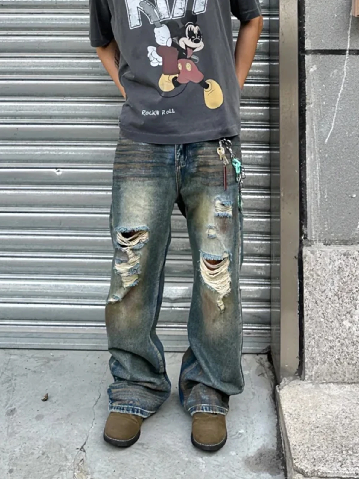 

American Sle Vintage Ripped Denim Jeans Men's Spring Autumn Dir Dye Loose Casual Desert Design Sense Straight Leg Pants