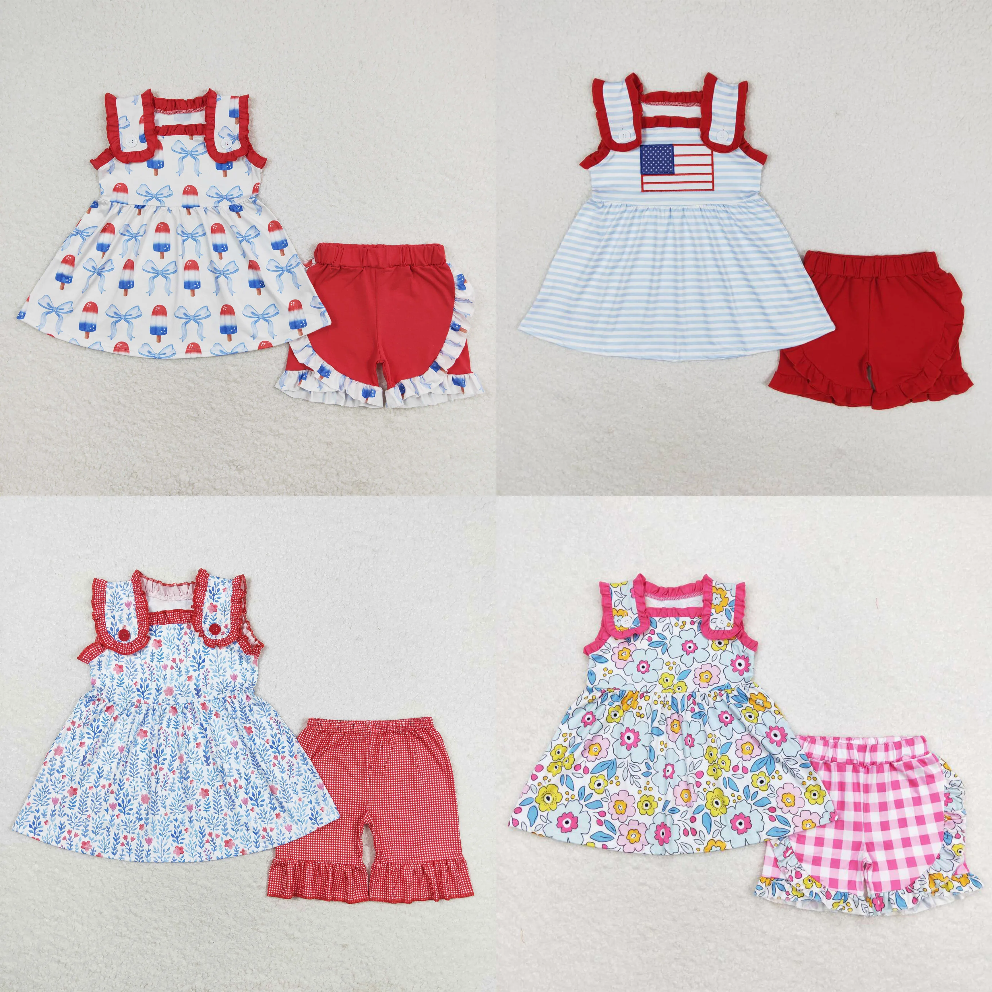 

Wholesale July 4th Outfit Kids Short Sleeves Embroidery Popsicles Plaid Tops Toddler Children Ruffle Red Shorts Baby Girls Sets