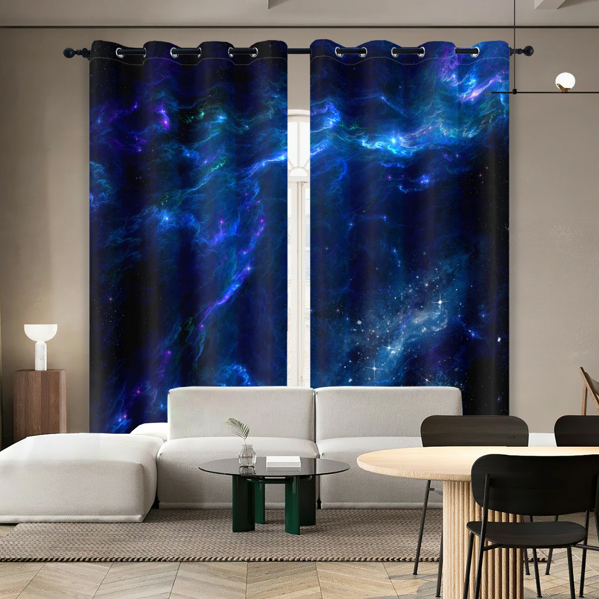 2PC high blackout perforated polyester curtain, double-sided matte, left and right double opening, spectacular nebula, universe