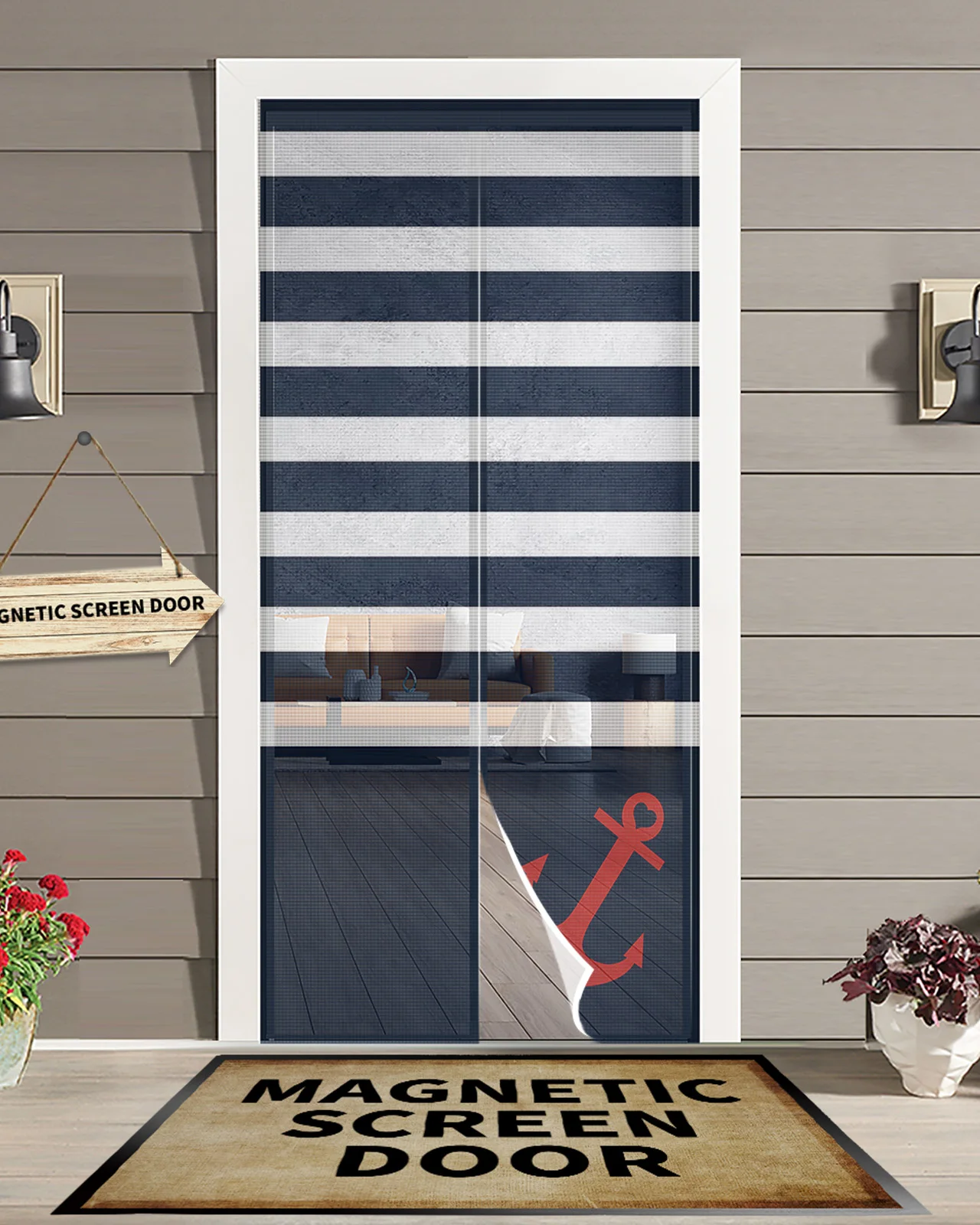 Navy Striped Anchor Summer Magnetic Screen Door Curtain Anti Mosquito Net Insect Fly Bug Kitchen Curtains